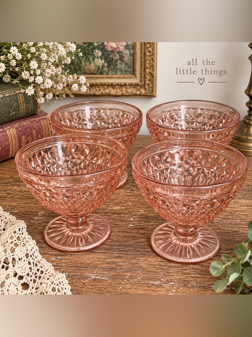 Vintage Pink Pressed Glass Dessert Compotes - Set of 4